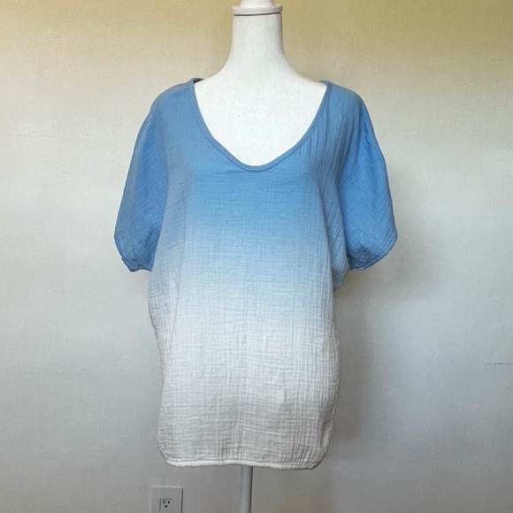 Ombre Cotton Gauze Top Blue to White Beachy Boho V Neck Tee Size XL - Picture 3 of 10